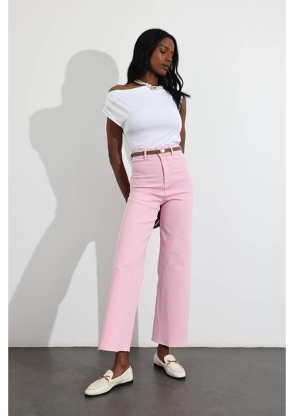Pembe Yüksek Bel Kesik Paça Wide Leg Jean