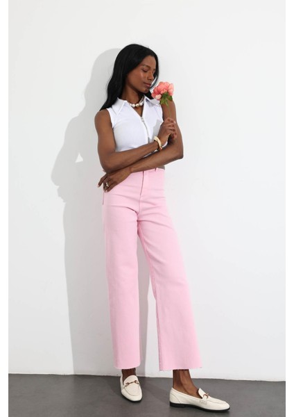 Pembe Yüksek Bel Kesik Paça Wide Leg Jean