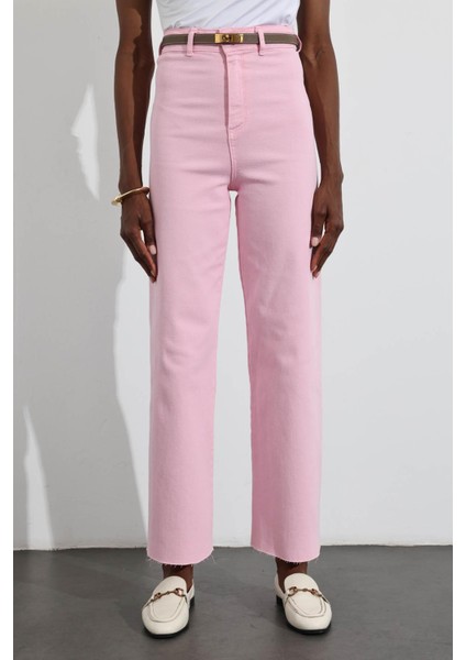 Pembe Yüksek Bel Kesik Paça Wide Leg Jean