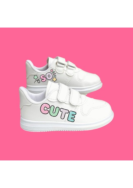 So Cute Baskılı Beyaz Bantlı Çocuk Spor Ayakkabı Sneaker