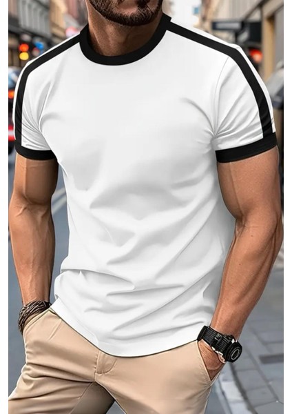 Lima Slim Fit Likralı Esnek Omuz ve Kol Şeritli Erkek Tshirt