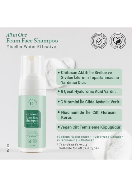 All In One Foam Face Shampoo - Vegan, 8 Çeşit Hyaluronic Asit, Chitosan Aktifi ile Akne Izlerinin Toparlar, C Vitamini ile Cilde Aydınlık Verir.