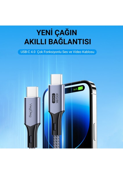 USB 4.0 E-Mark 240W 40GBPS Thunderbolt 4 8k 60Hz Type-C Görüntü Hızlı Şarj ve Data Kablosu 50 cm