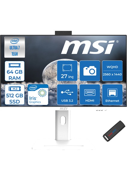 Msı Modern Aı Ultra 7 155H 64GB Ddr5 512GB SSD Intel® Graphics 27" Wqhd Windows 11 Pro Yapay Zeka Destekli All In One Bilgisayar AM273QPP07 + Zettausbbellek