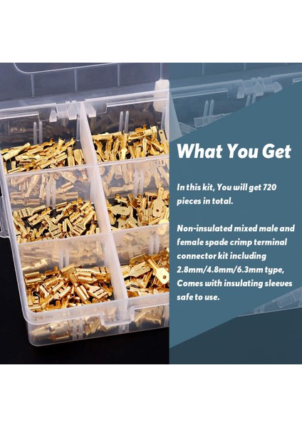 720 Parça 2.8 / 4.8 / 6.3mm Erkek ve Dişi Hızlı Sıkma Terminal Blokları Yalıtım Kılıflı Kombinasyon Kiti (Yurt Dışından) fiyatları