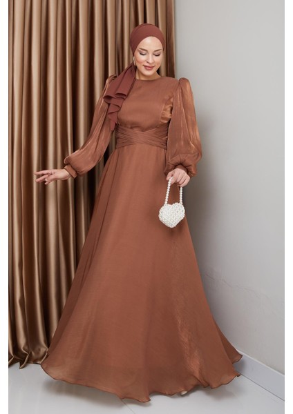 Çapraz Kuşaklı Yoryo Ipek Tesettür Abiye Elbise Taba 1238 fiyatları