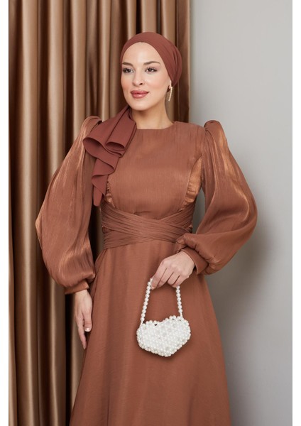 Çapraz Kuşaklı Yoryo Ipek Tesettür Abiye Elbise Taba 1238 fırsatları