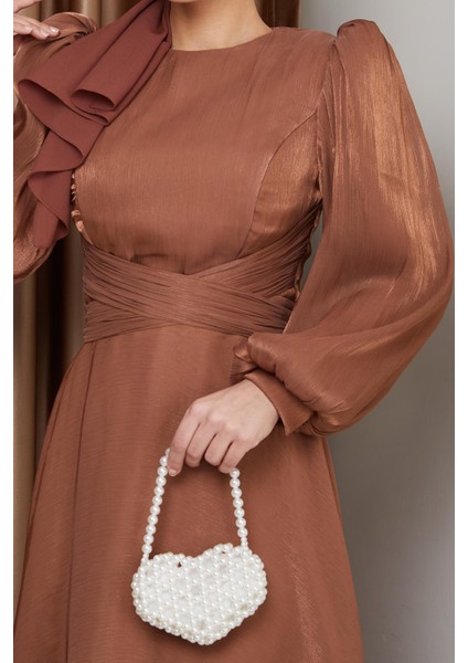 Çapraz Kuşaklı Yoryo Ipek Tesettür Abiye Elbise Taba 1238 indirimleri