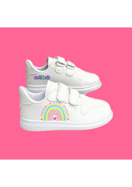 Renkli Gökkuşağı Baskılı Beyaz Bantlı Çocuk Spor Ayakkabı Sneaker