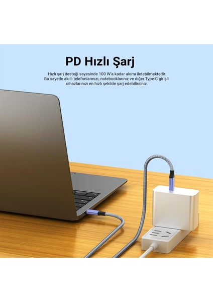 USB 3.1 Type-C Pd 100W 5A 10GBPS 4K 60Hz Destekli Kablo 1 Metre