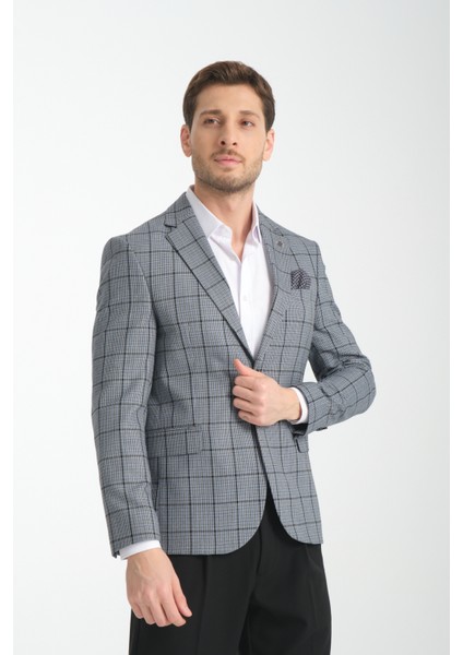 Pakito Erkek Kömür Siyah Ekose Slim Fit Mono Yaka Spor Blazer Ceket modelleri