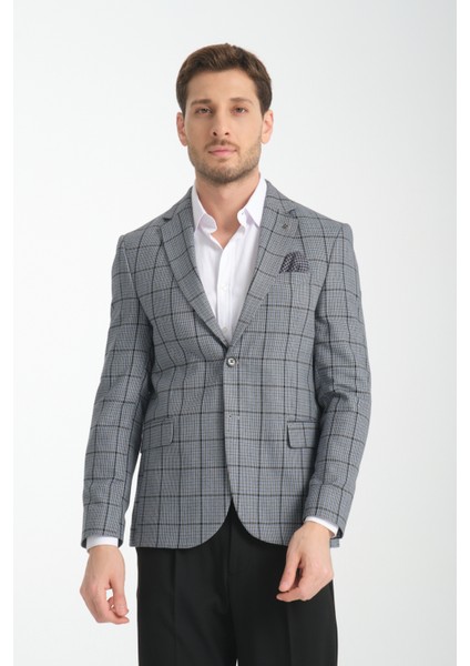 Pakito Erkek Kömür Siyah Ekose Slim Fit Mono Yaka Spor Blazer Ceket