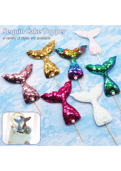 Pullu Denizkızı Kuyruğu Kek Topper Okyanus Denizkızı Tema Doğum Günü Dıy Kek Üst Bayraklar Dekorasyon Cupcake Topper Parti Malzemeleri (Yurt Dışından)