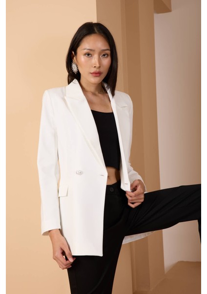 Beyaz Oversize Dokuma Blazer Ceket
