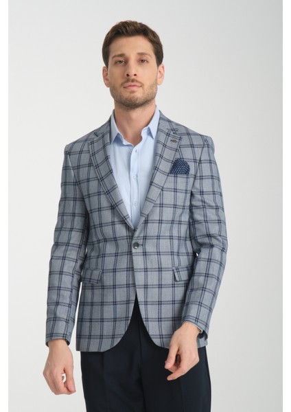 Sanofi Erkek Açık Lacivert Ekose Slim Fit Mono Yaka Spor Blazer Ceket