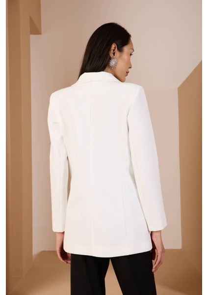 Beyaz Oversize Dokuma Blazer Ceket