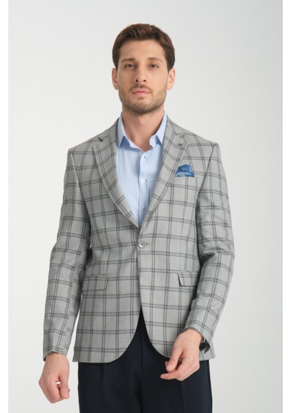 Sanofi Erkek Gri Ekose Slim Fit Mono Yaka Spor Blazer Ceket