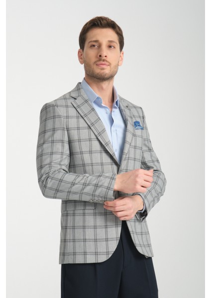 Sanofi Erkek Gri Ekose Slim Fit Mono Yaka Spor Blazer Ceket modelleri