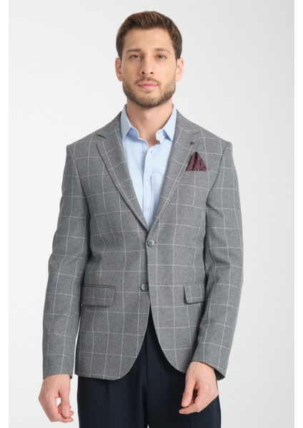 Girado Erkek Gri Ekose Slim Fit Mono Yaka Spor Blazer Ceket
