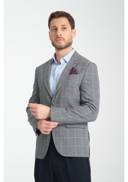 Girado Erkek Gri Ekose Slim Fit Mono Yaka Spor Blazer Ceket