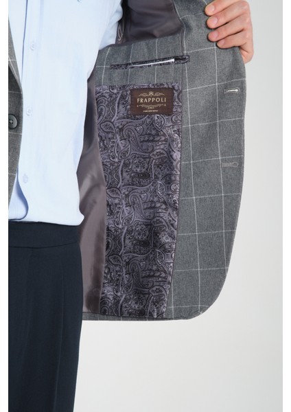 Girado Erkek Gri Ekose Slim Fit Mono Yaka Spor Blazer Ceket