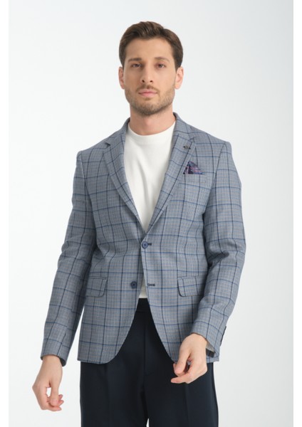 Pakito Erkek Açık Lacivert Ekose Slim Fit Mono Yaka Spor Blazer Ceket