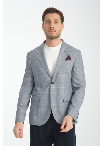 Mendey Erkek Koyu Lacivert Ekose Keten Görünümlü Slim Fit Spor Blazer Ceket