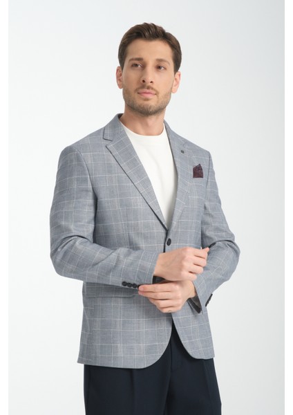 Mendey Erkek Koyu Lacivert Ekose Keten Görünümlü Slim Fit Spor Blazer Ceket modelleri