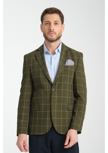 Girado Erkek Haki Ekose Slim Fit Mono Yaka Spor Blazer Ceket