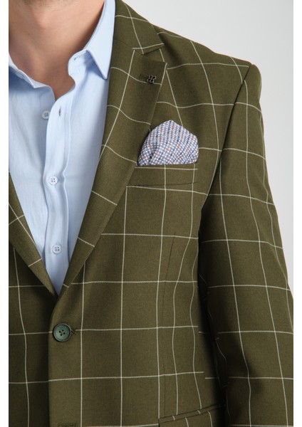Girado Erkek Haki Ekose Slim Fit Mono Yaka Spor Blazer Ceket