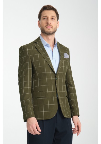 Girado Erkek Haki Ekose Slim Fit Mono Yaka Spor Blazer Ceket