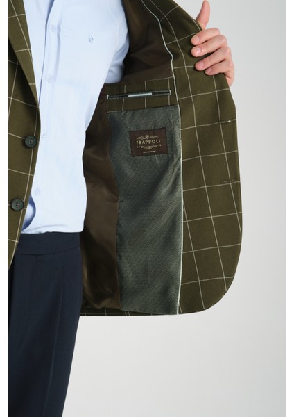 Girado Erkek Haki Ekose Slim Fit Mono Yaka Spor Blazer Ceket