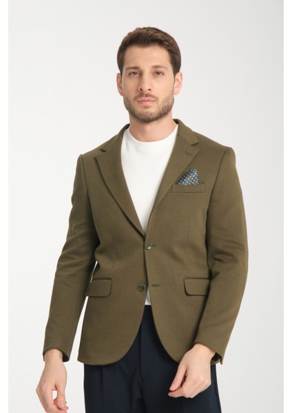 Samues Erkek Haki Örme Likralı Esneyen Kumaş Slim Fit Mono Yaka Spor Blazer Ceket