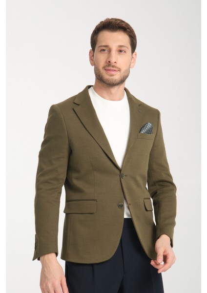 Samues Erkek Haki Örme Likralı Esneyen Kumaş Slim Fit Mono Yaka Spor Blazer Ceket