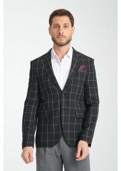Girado Erkek Siyah Ekose Slim Fit Mono Yaka Spor Blazer Ceket