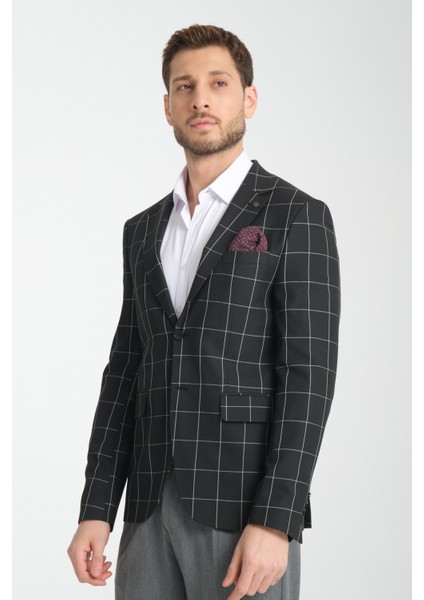 Girado Erkek Siyah Ekose Slim Fit Mono Yaka Spor Blazer Ceket modelleri