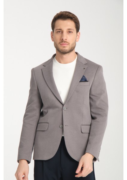 Samues Erkek Gri Örme Likralıesneyen Kumaş Slim Fit Mono Yaka Spor Blazer Ceket