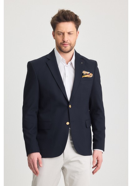 Fazino Erkek Koyu Lacivert Pamuk Karışımlı Metal Düğmeli Spor Blazer Ceket
