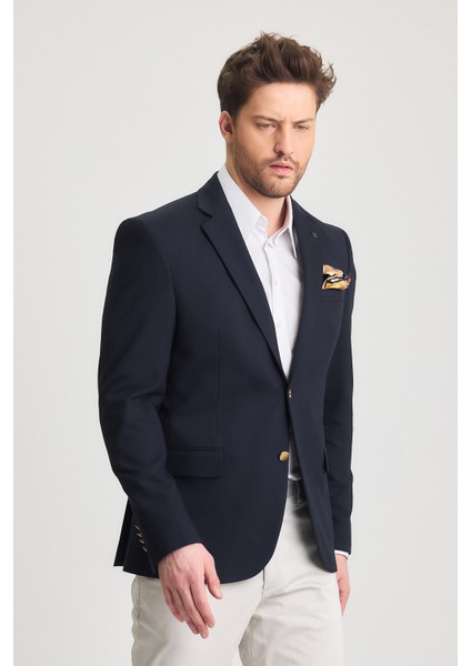 Fazino Erkek Koyu Lacivert Pamuk Karışımlı Metal Düğmeli Spor Blazer Ceket modelleri