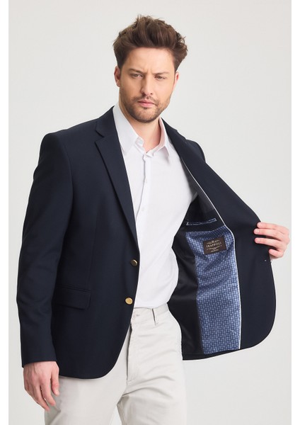 Fazino Erkek Koyu Lacivert Pamuk Karışımlı Metal Düğmeli Spor Blazer Ceket fırsatları