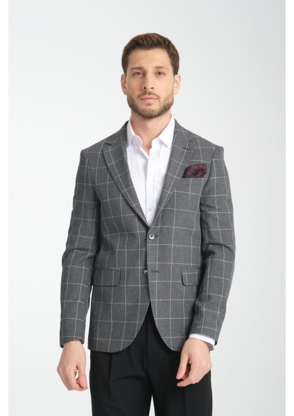 Girado Erkek Koyu Gri Ekose Slim Fit Mono Yaka Spor Blazer Ceket