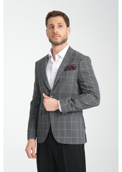 Girado Erkek Koyu Gri Ekose Slim Fit Mono Yaka Spor Blazer Ceket modelleri