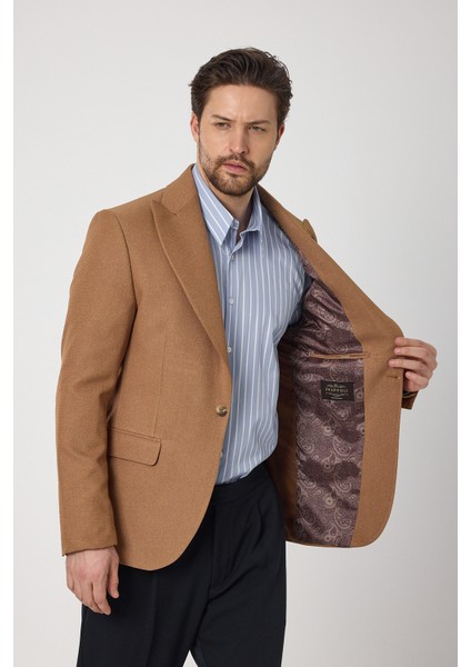 Classo Erkek Camel Slim Fit Sivri Yaka Kendinden Desenli Blazer Ceket