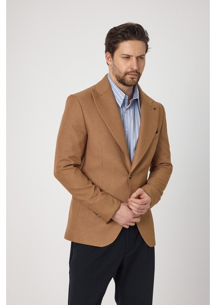 Classo Erkek Camel Slim Fit Sivri Yaka Kendinden Desenli Blazer Ceket modelleri