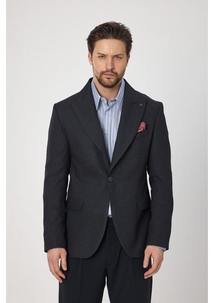 Classo Erkek Koyu Lacivert Slim Fit Sivri Yaka Kendinden Desenli Blazer Ceket