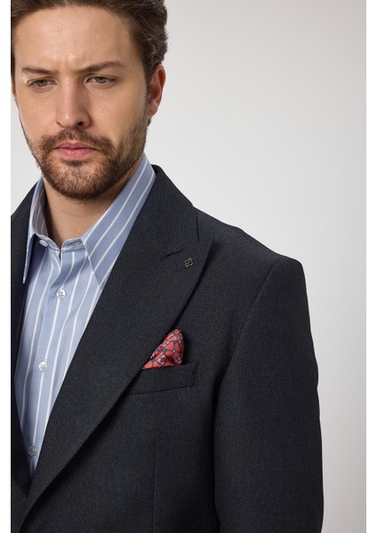 Classo Erkek Koyu Lacivert Slim Fit Sivri Yaka Kendinden Desenli Blazer Ceket