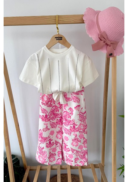 Taşlı Etnik Desen Pantolunlu Kız çocuk takım - Pembe
