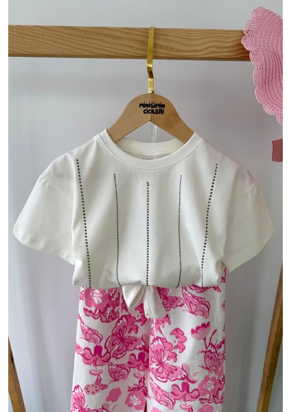 Taşlı Etnik Desen Pantolunlu Kız çocuk takım - Pembe