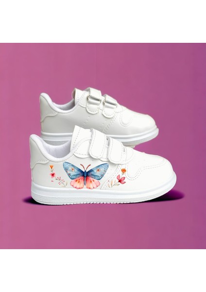 Renkli Büyük Kelebek Baskılı Beyaz Çocuk Spor Ayakkabı Sneaker