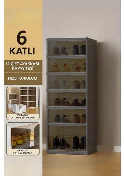 6 Katlı 12 Çift Ayakkabı Kapasiteli Mıknatıs Kapaklı Toz Geçirmez Ayakkabılık Antrasit
